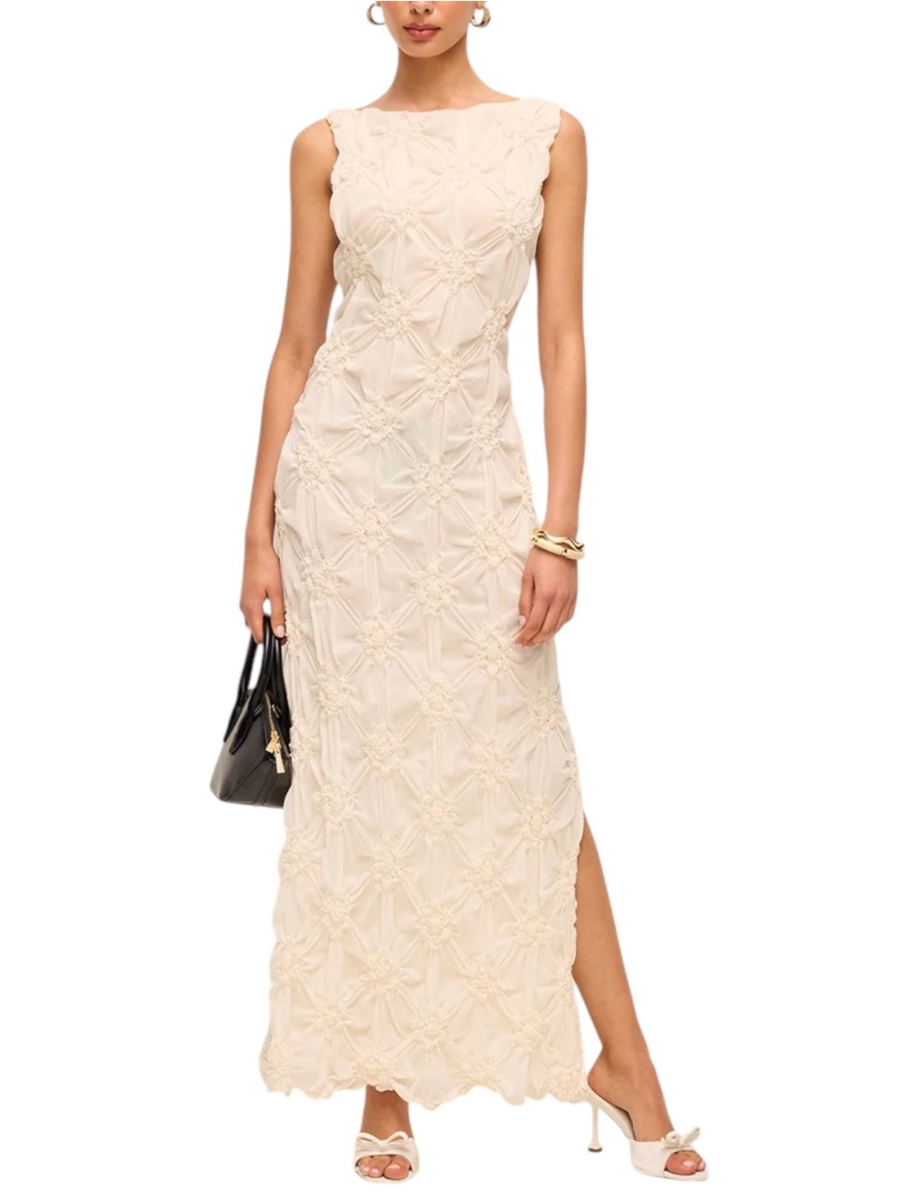 Commense Apricot Cream Embroidered Open Back Maxi Dress Semi Sheer Small NWT